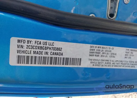 2023 Dodge Charger Sxt из США, поврежденный, VIN 2C3CDXBG8PH703862